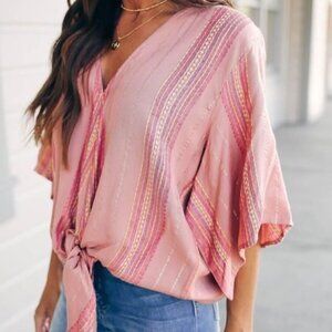 Love Stitch Blouse Knot Front Pink Metallic Gold Thread Stripes 3/4 Sleeve Small